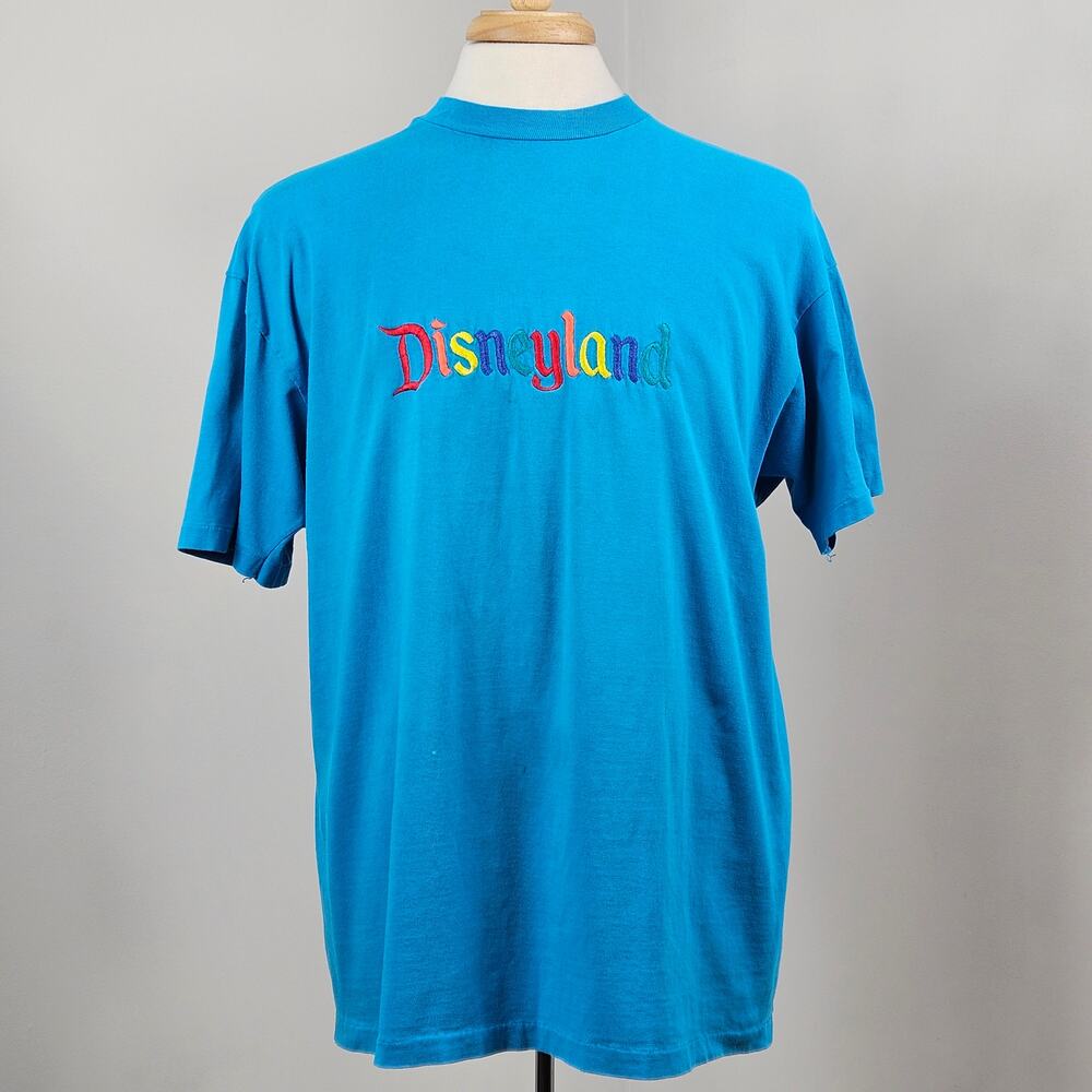 Disney Originals Disneyland Vintage Rainbow Logo Spellout Blue Shirt Adult Large